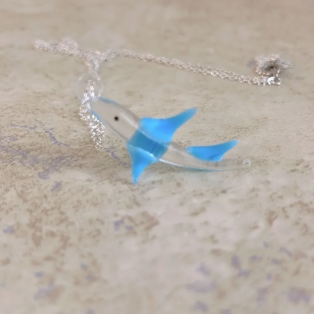 Hand Blown Glass Fish Necklace 26” Chain